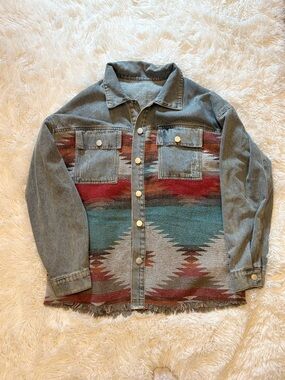 Denim Jacket with Southwestern Aztec Paneling - Red & Teal Accents